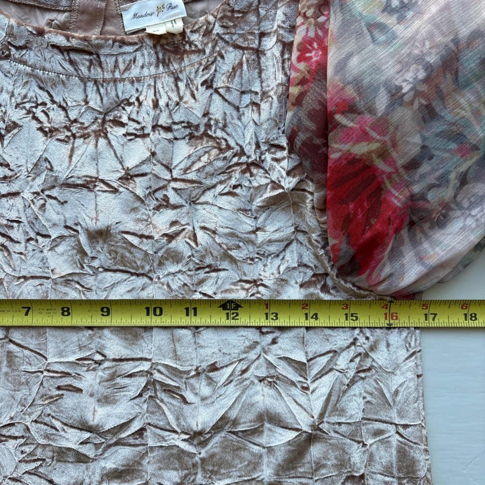 Meadow Rue Anthropologie XS Blouse Pink Velvet Floral Sheer Balloon Sleeve Chic - Picture 7 of 10